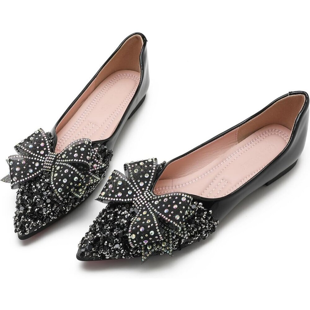 Women's Black Rhinestone Wedding Flats Comfort Pointed Toe Ballet Flat Shoe - Picture 1 of 7